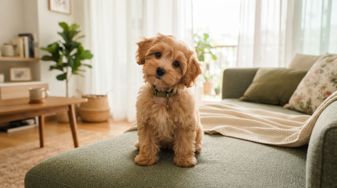 Apricot toy Maltipoo puppy sitting on a sage green sofa in a bright Singapore living room