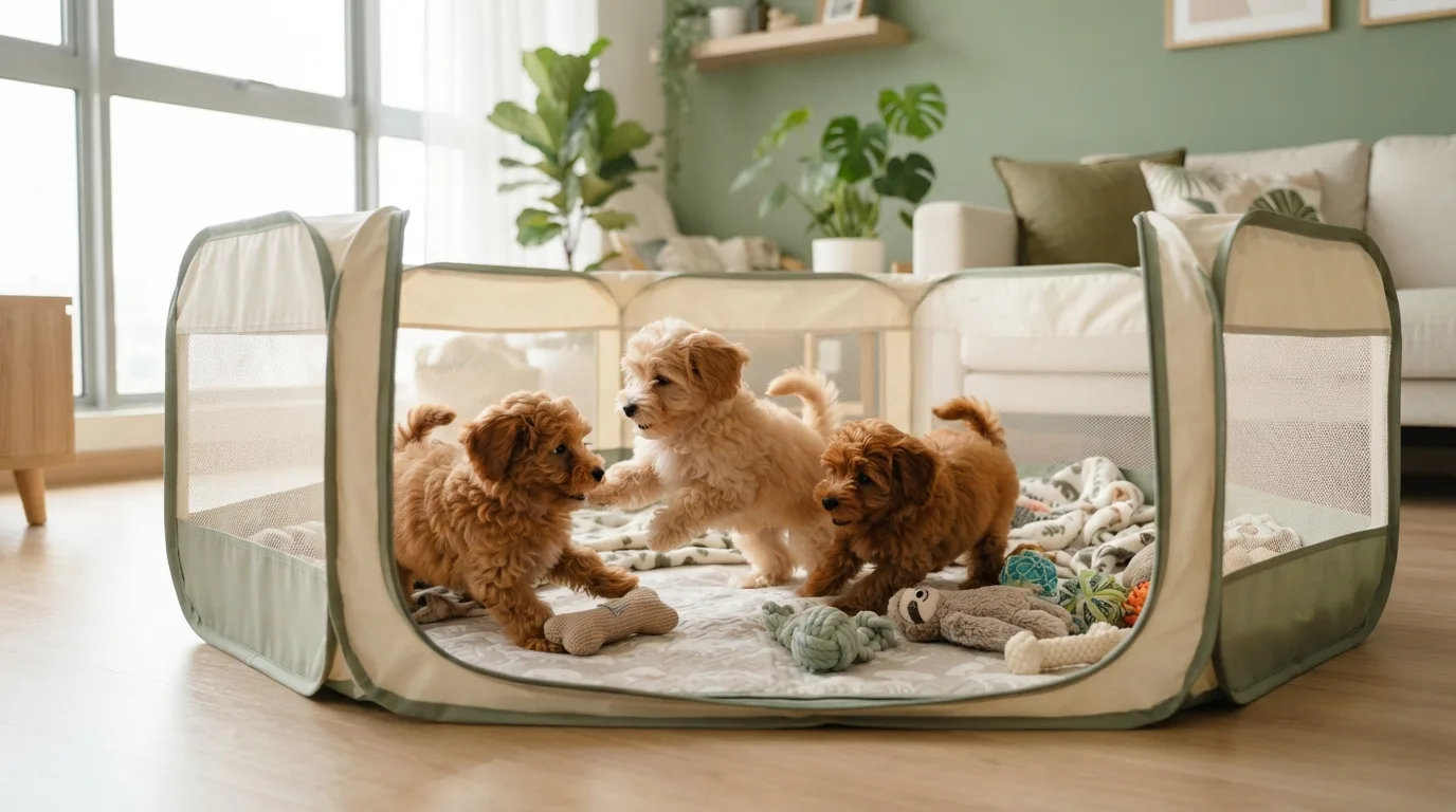 Small litter of apricot Maltipoo puppies playing in a playpen