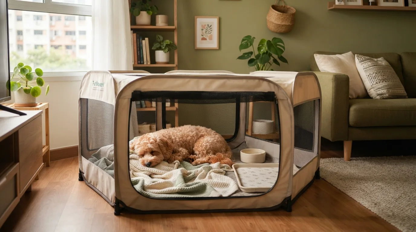 Apricot Maltipoo at home in its playpen corner of an HDB flat