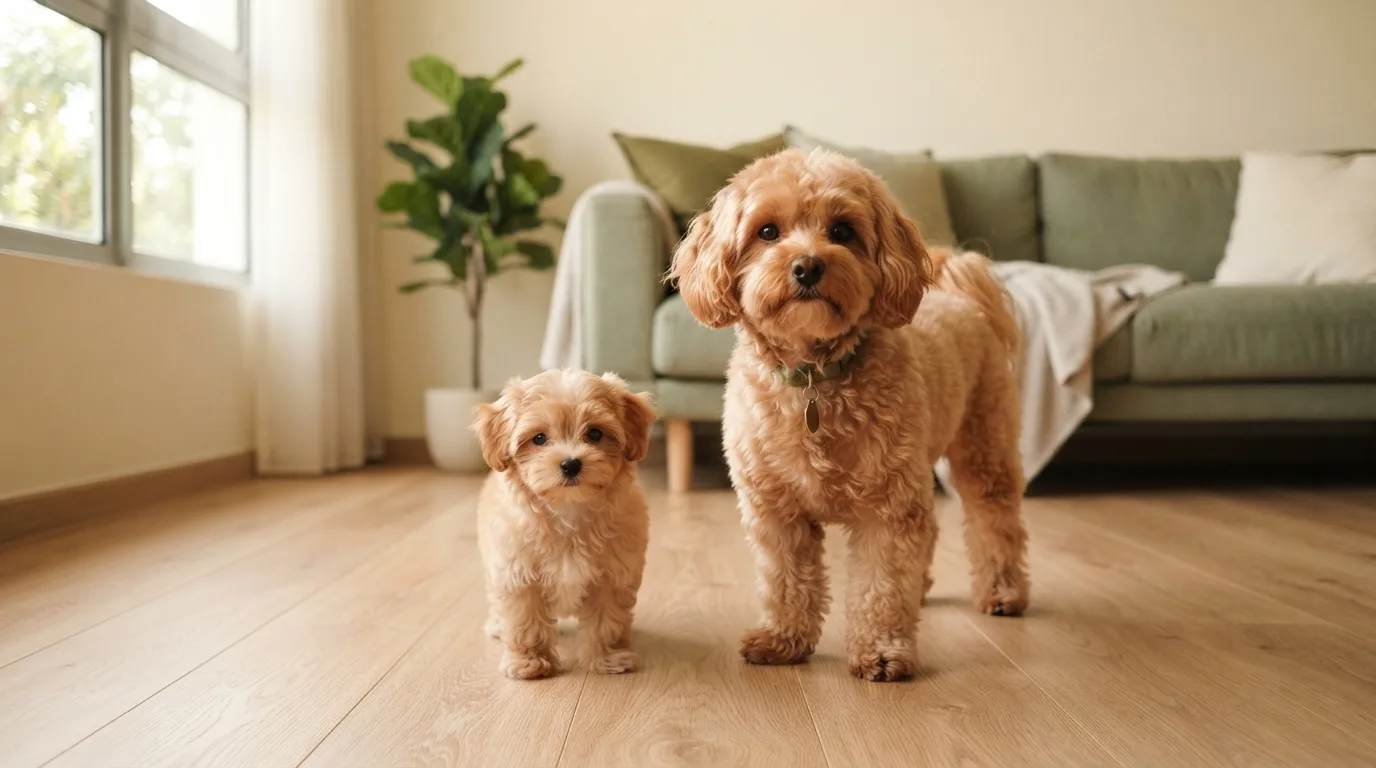 Adult Maltipoo beside a Maltipoo puppy showing the growth difference