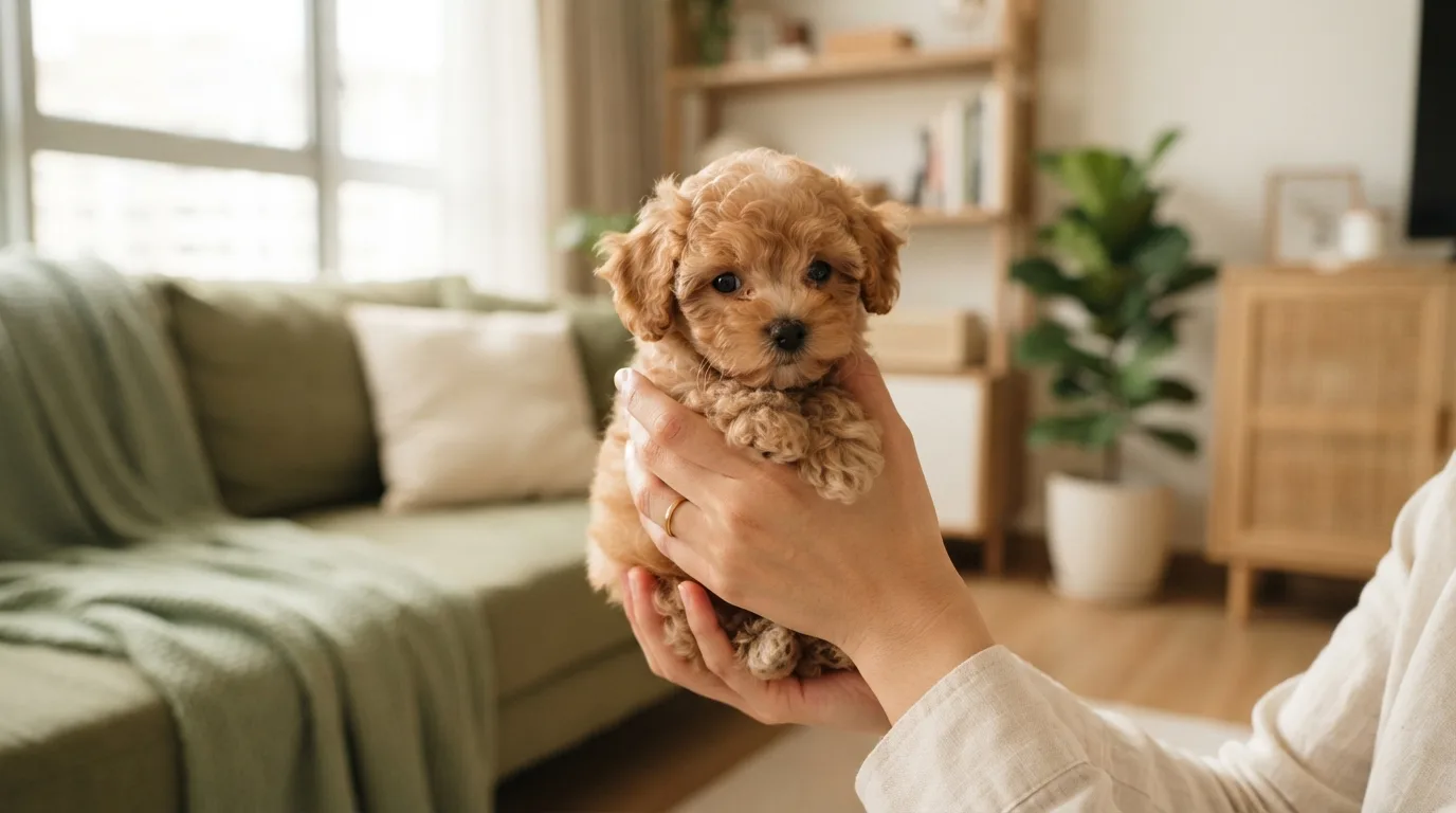 Tiny toy Maltipoo puppy held gently in two hands showing its small size