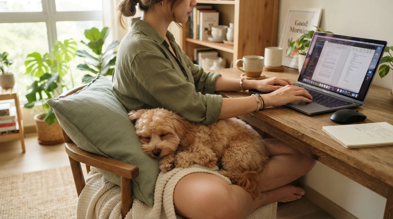 Maltipoo resting affectionately on its owner’s lap