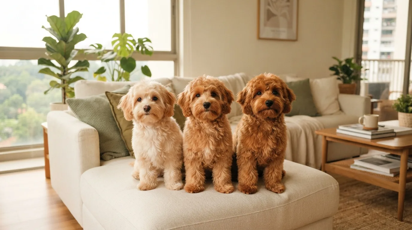 Three Maltipoos in cream apricot, apricot and deep apricot sitting together