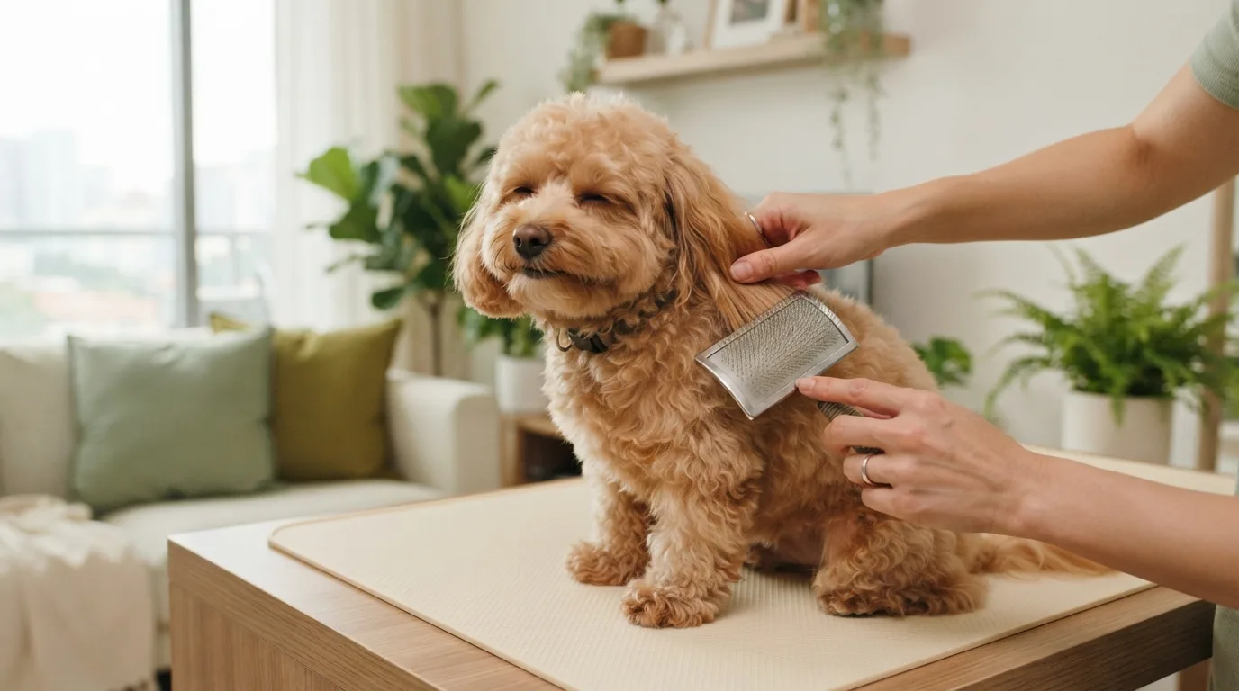 Maltipoo being brushed with a slicker brush during grooming