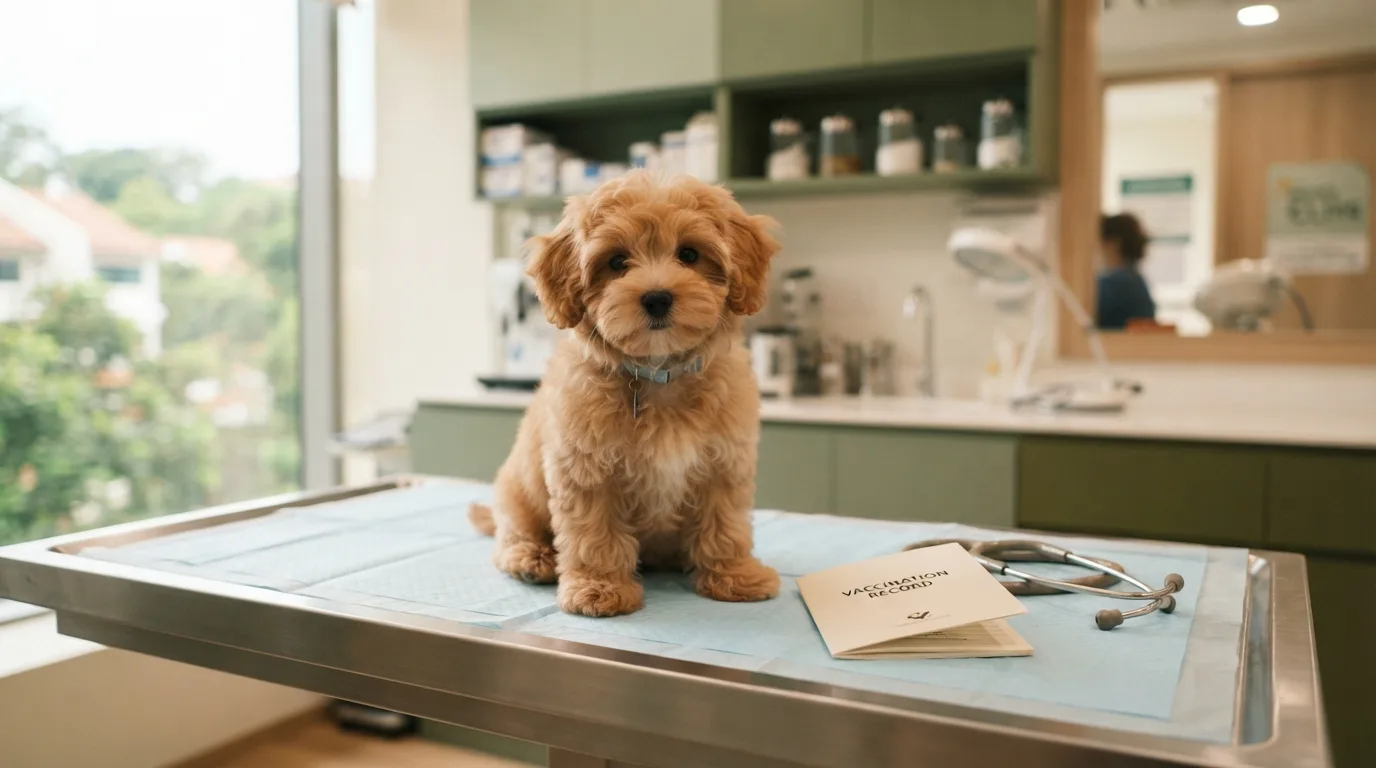 Maltipoo puppy at a vet visit with its vaccination booklet