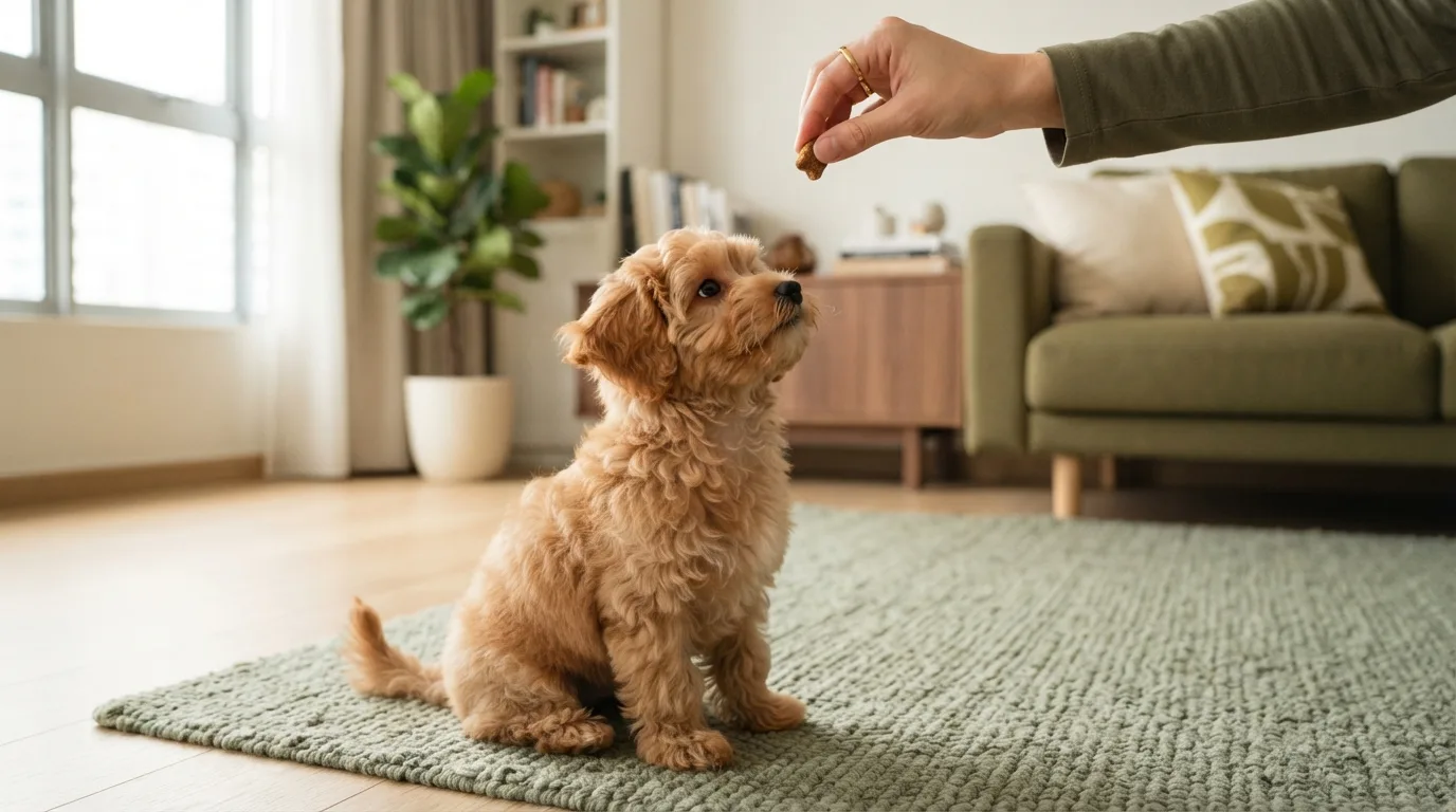 Adolescent Maltipoo practising a sit during a training session