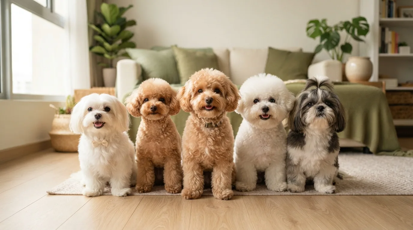 Maltipoo sitting with a Maltese, Toy Poodle, Bichon Frise and Shih Tzu