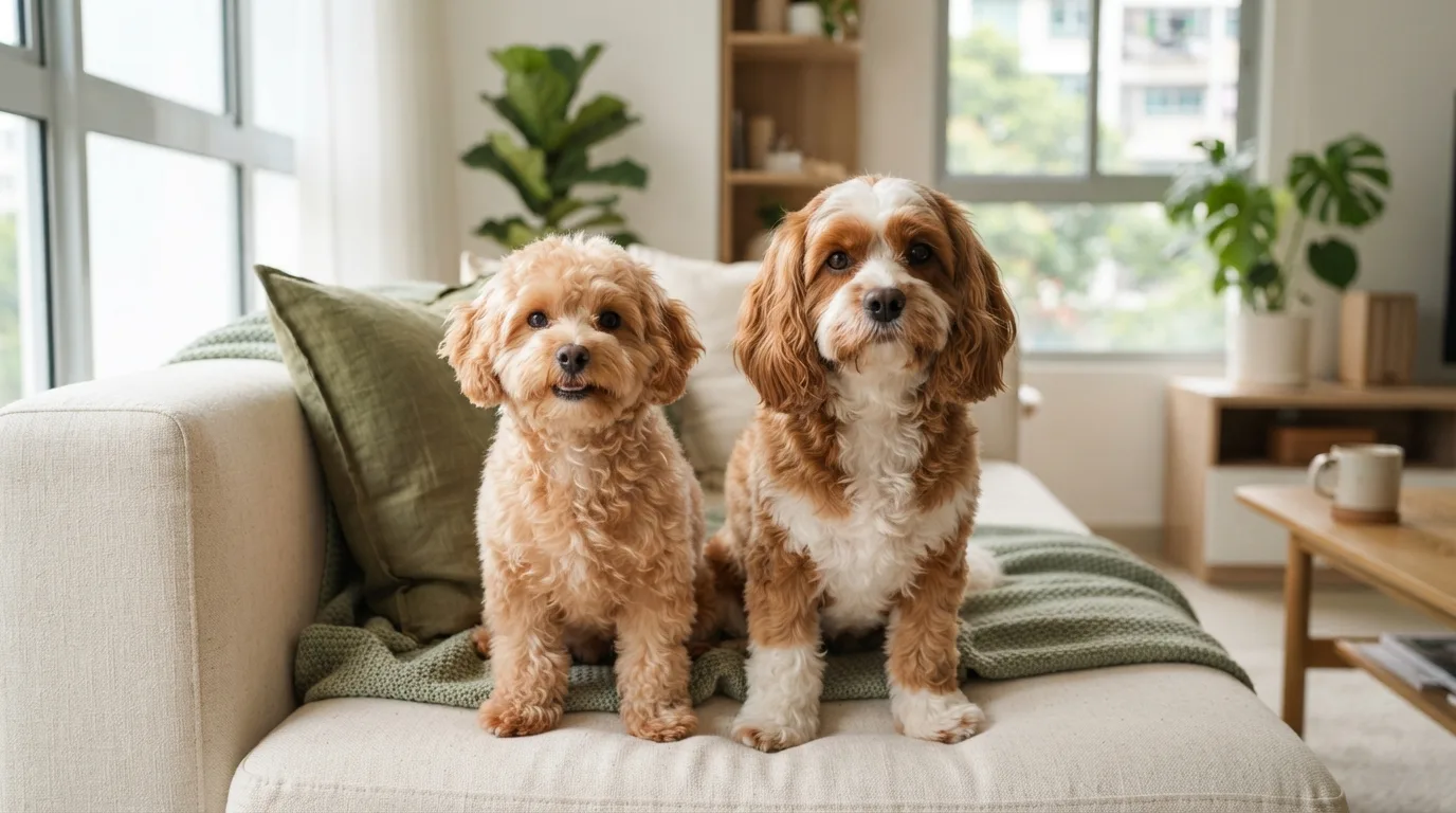 Apricot Maltipoo beside a blenheim Cavapoo on a sofa