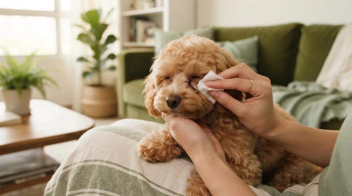Gently wiping a Maltipoo’s eye corners clean with a cotton pad