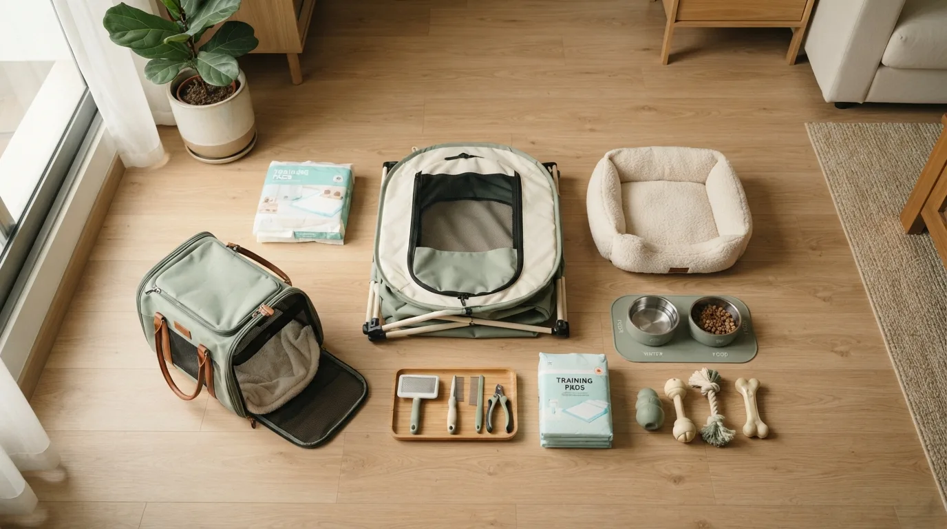 Puppy starter kit flatlay showing what ownership includes