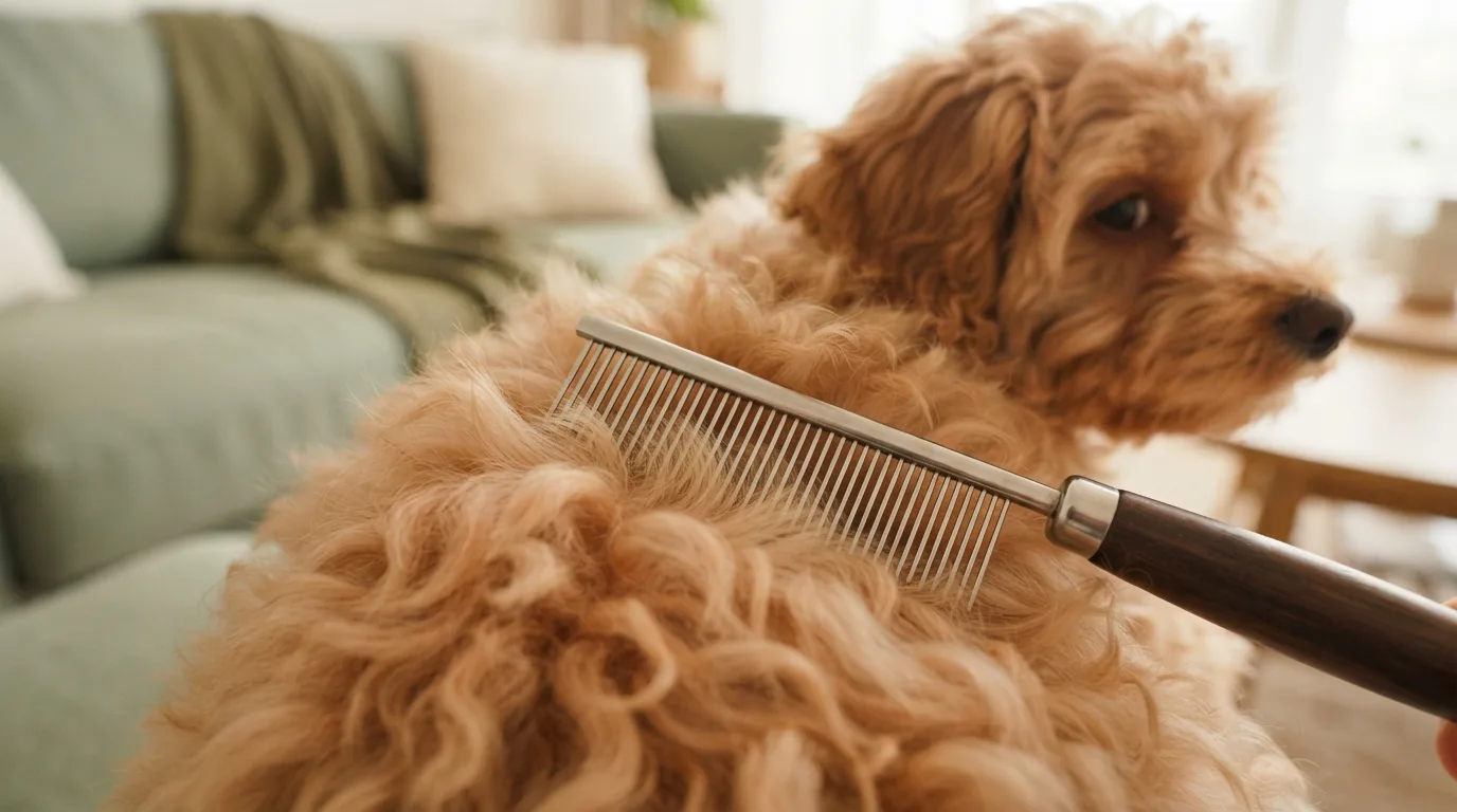 Close-up of a Maltipoo coat with a metal grooming comb