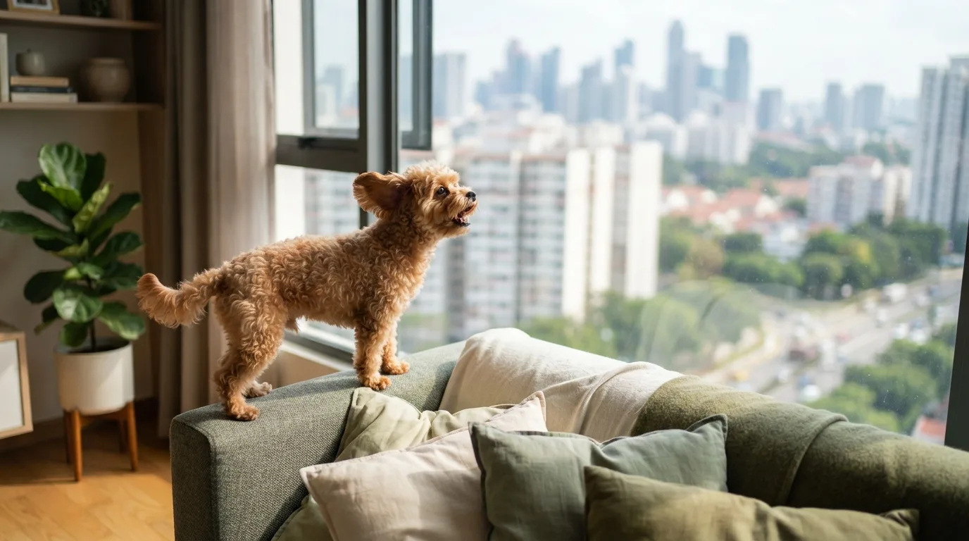 Maltipoo standing alert at a window looking out at the corridor