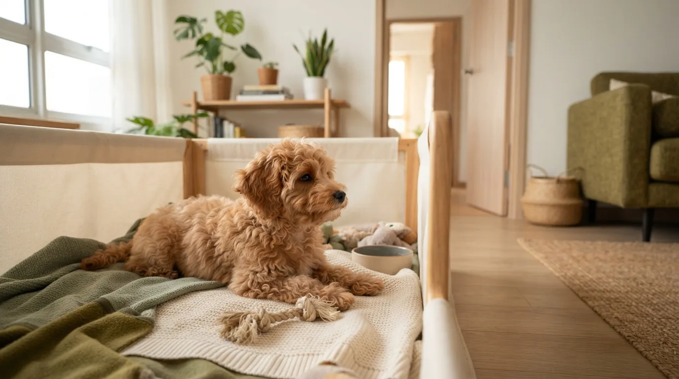 Maltipoo waiting quietly in its playpen with a chew toy