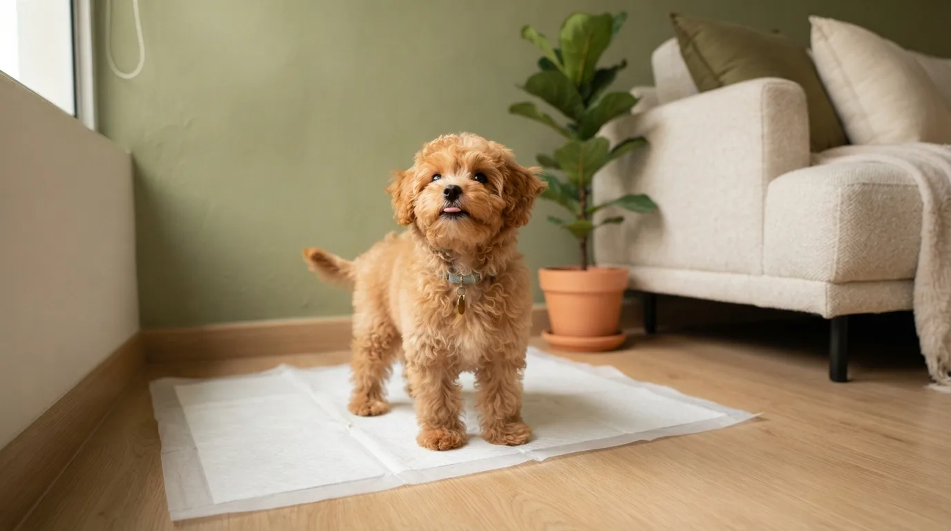 Maltipoo puppy standing proudly on a pee pad during toilet training