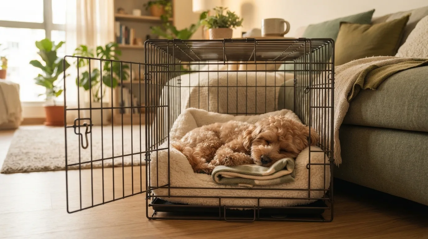 Maltipoo napping inside an open crate with soft bedding