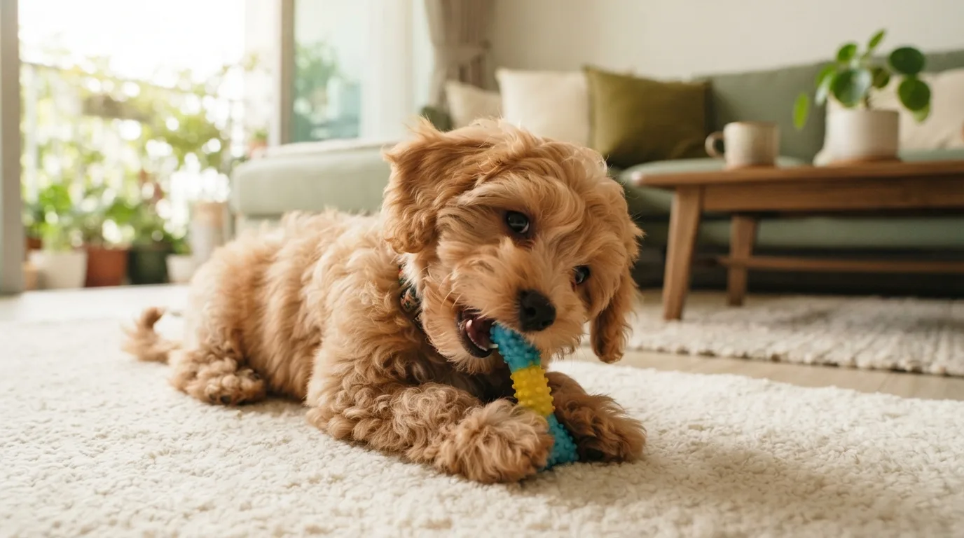 Teething Maltipoo puppy chewing a rubber toy