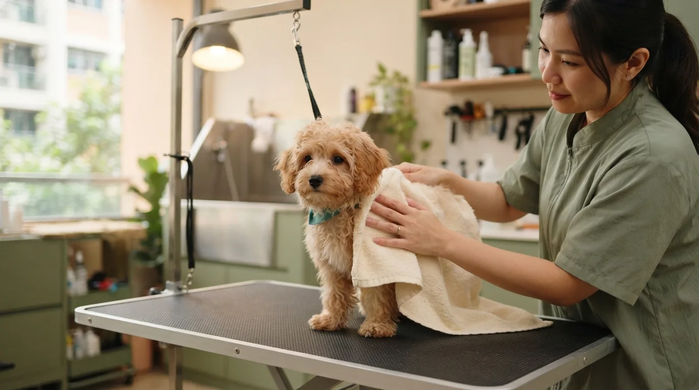 Calm Maltipoo puppy on a grooming table at its first salon visit
