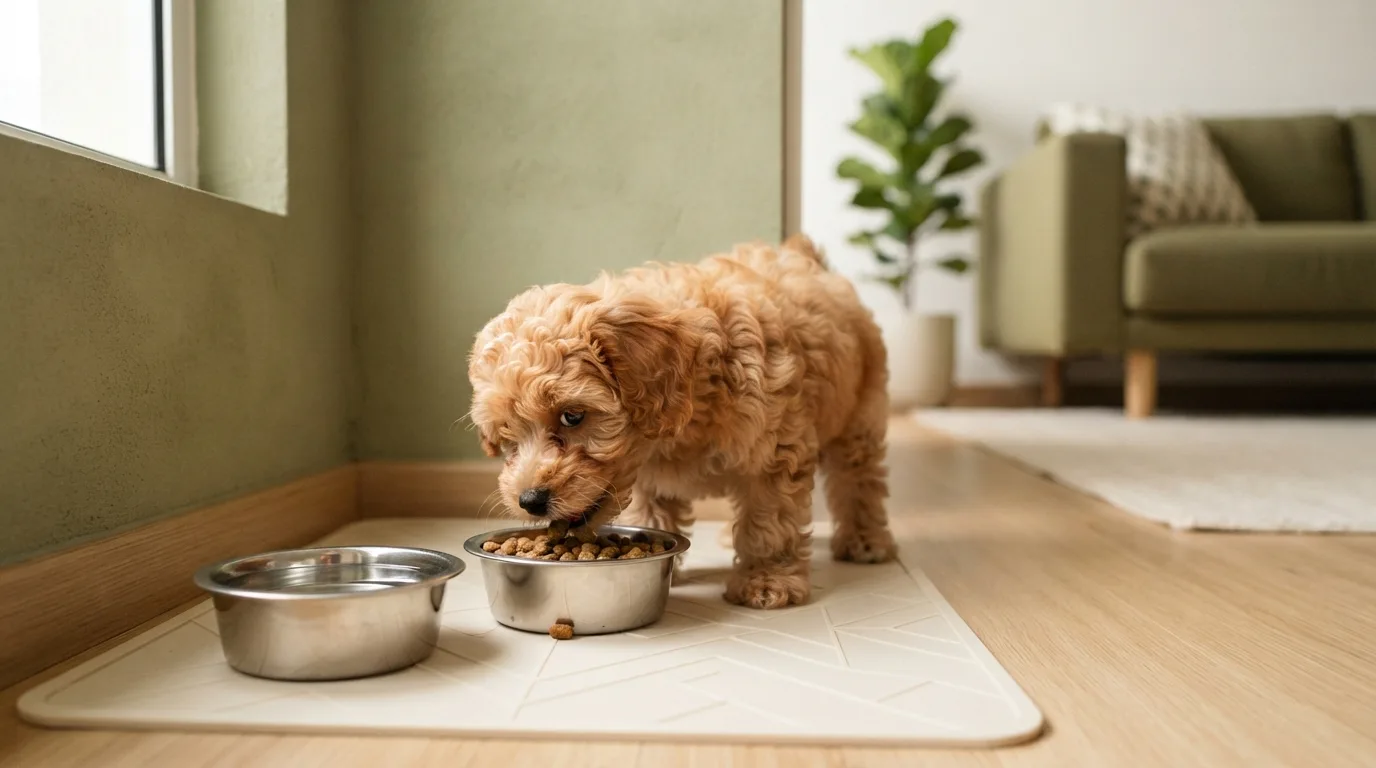 Maltipoo puppy eating from a steel bowl at a feeding station