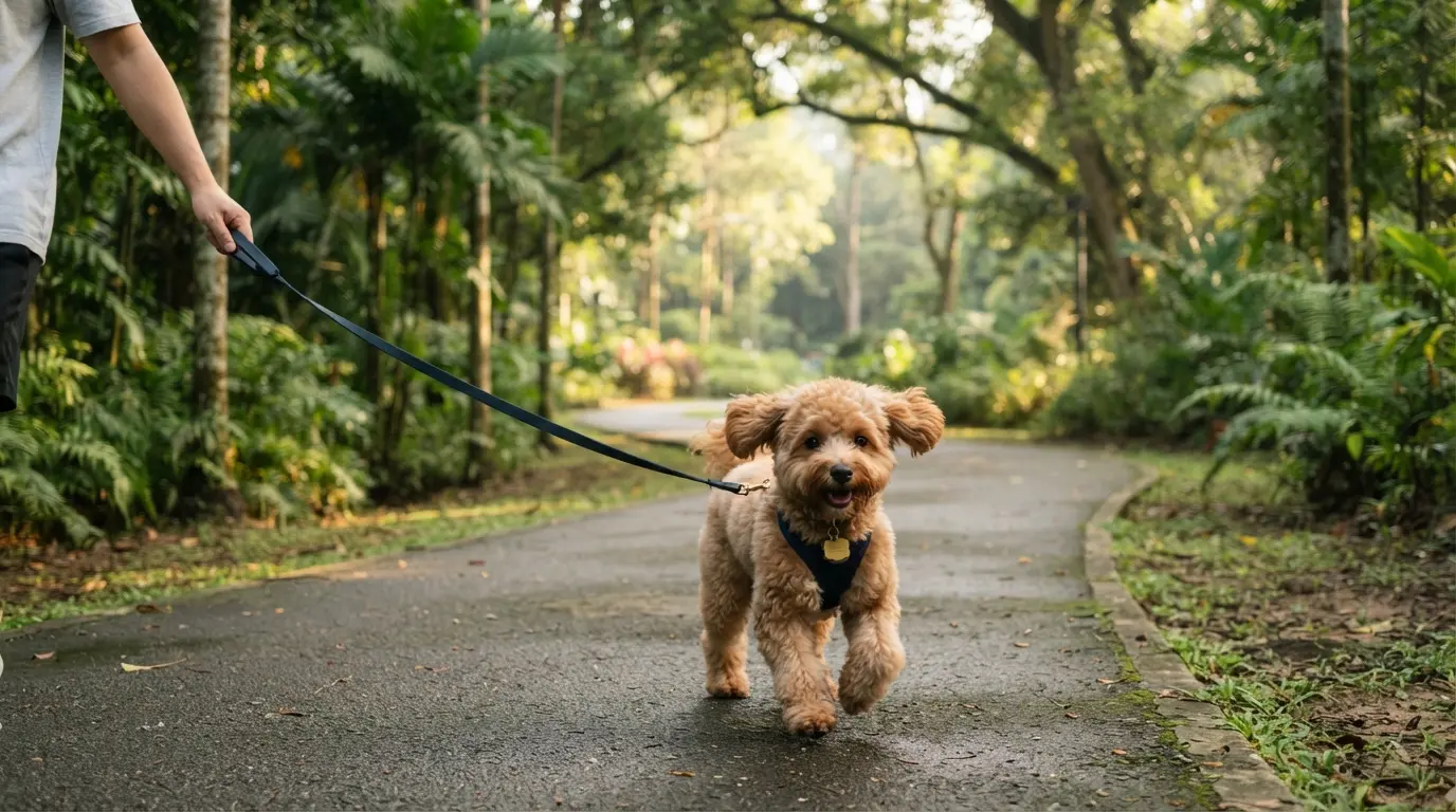 Maltipoo on a morning walk along a shaded Singapore park connector