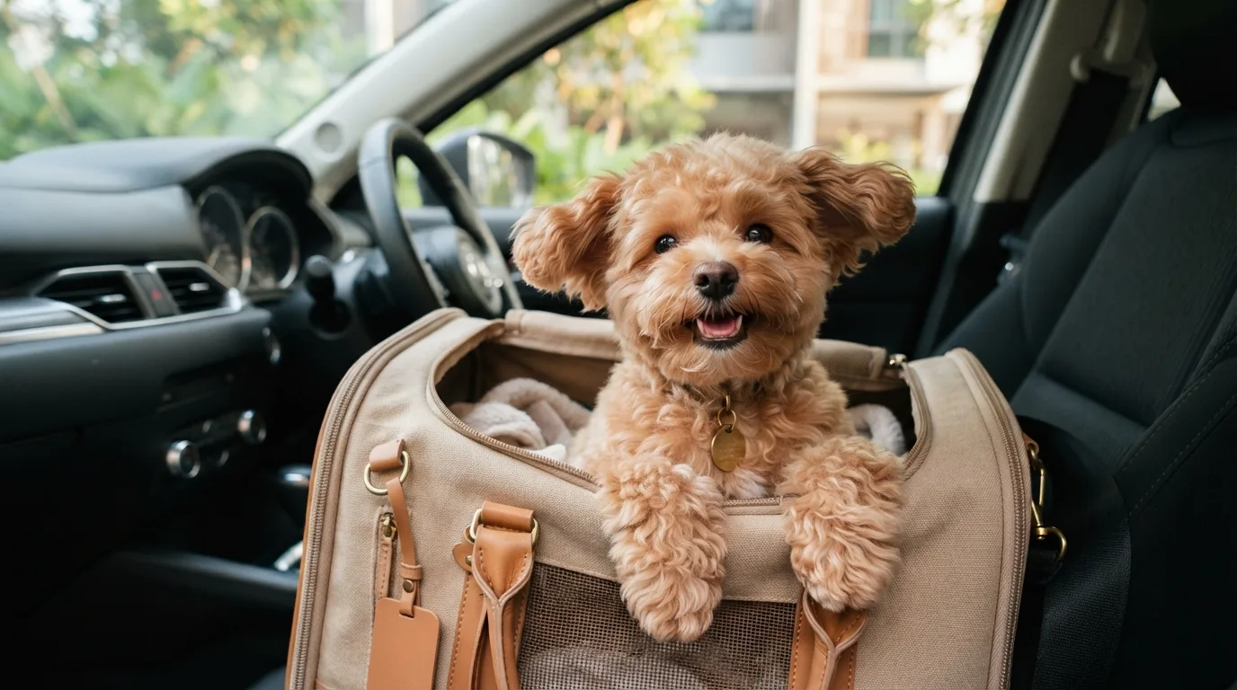 Maltipoo peeking out of a travel carrier bag