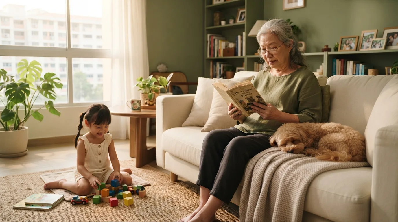 Maltipoo sitting with a grandmother on a sofa in a multi-generation home