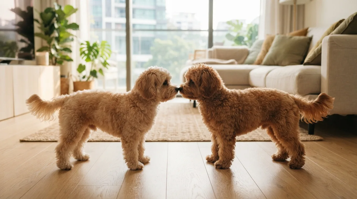 Two Maltipoos greeting each other politely on a light floor