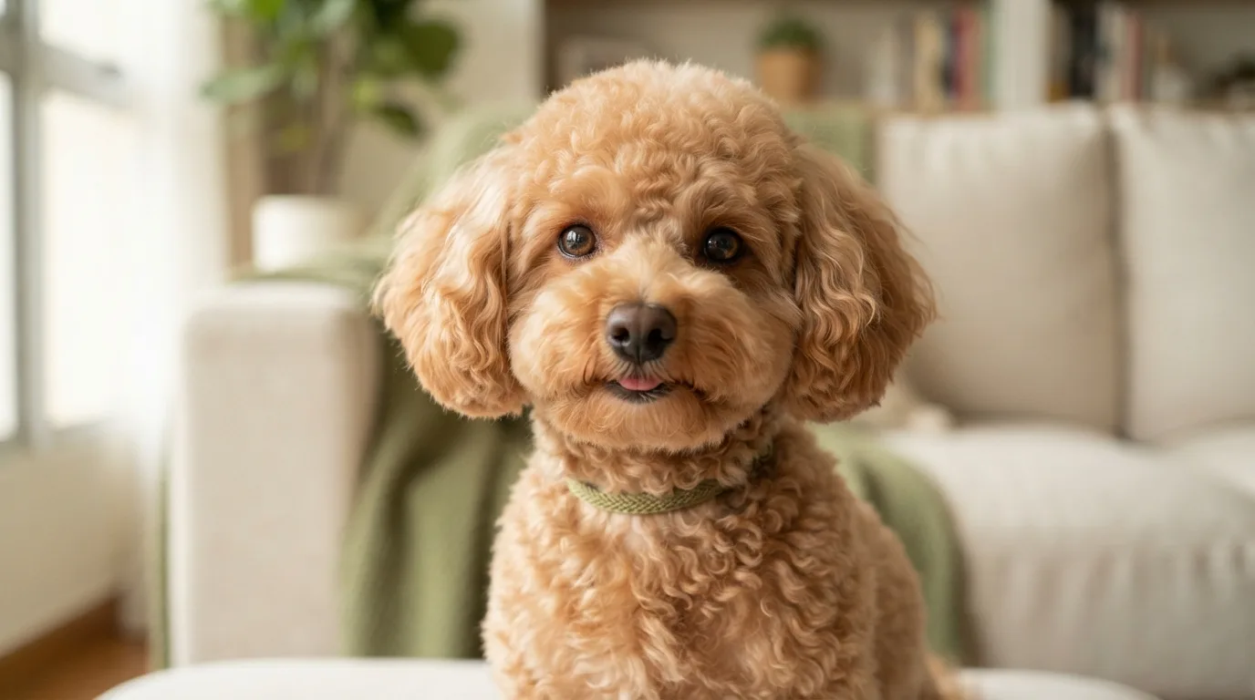 Portrait of an apricot Maltipoo puppy newly home at nine weeks