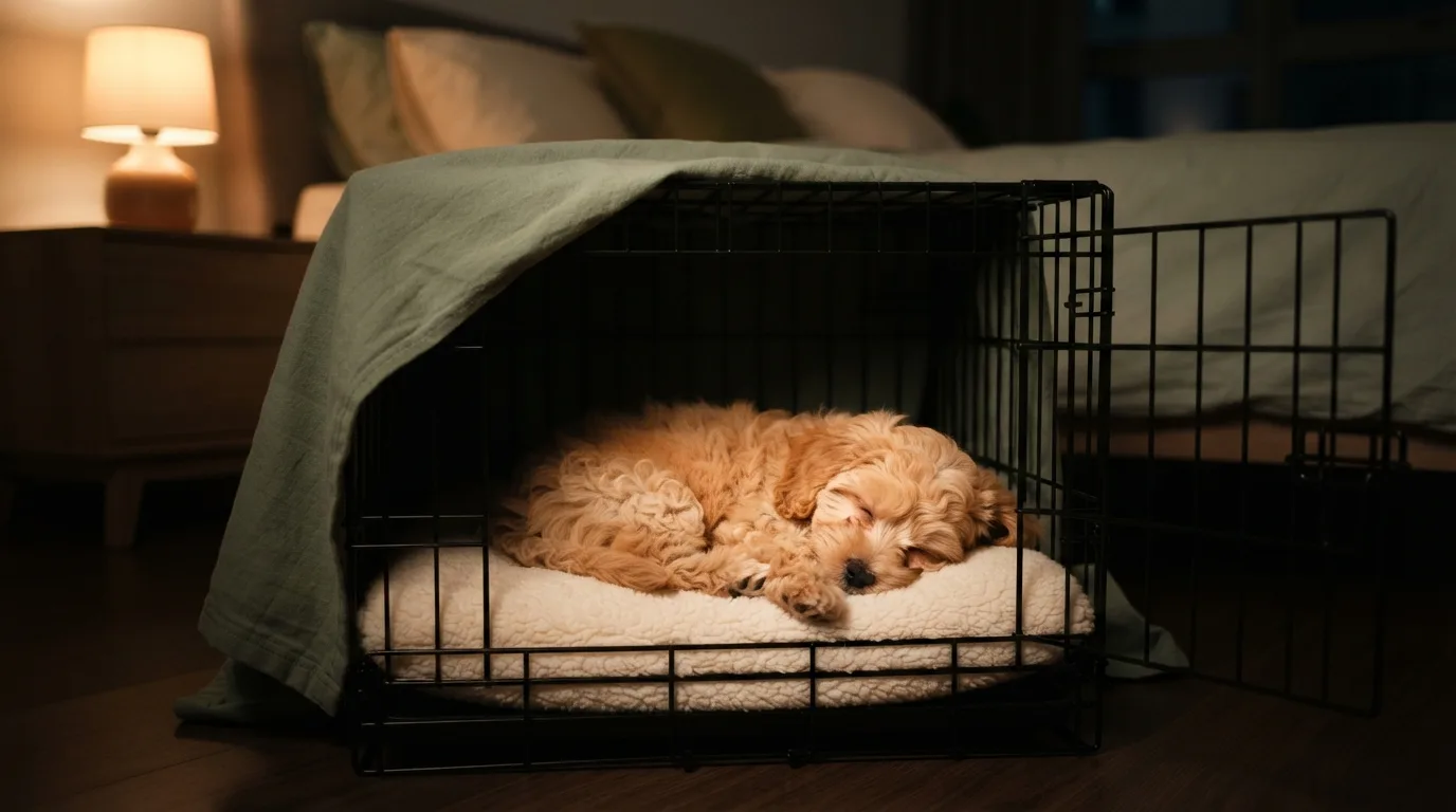 Apricot Maltipoo puppy fast asleep in its bedroom crate at night under a warm lamp glow