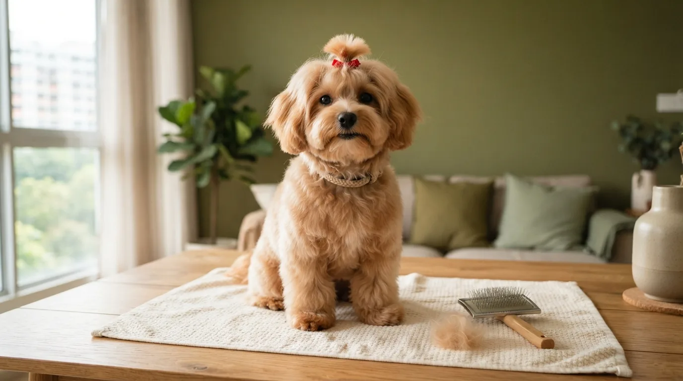 Apricot Maltipoo with freshly brushed low-shedding coat beside a slicker brush and a tiny wisp of fluff