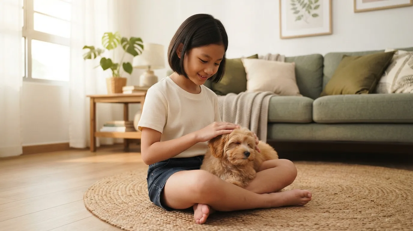 Apricot Maltipoo being gently stroked by a young child sitting cross-legged on a living room rug