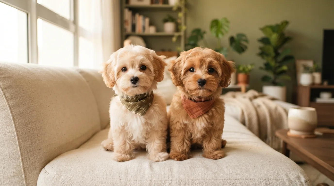 Two apricot Maltipoos of different shades sitting side by side wearing olive and terracotta bandanas