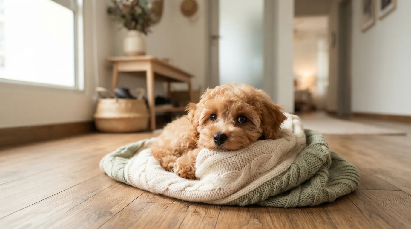 Apricot Maltipoo nestled in a soft blanket by a home doorway, looking up hopefully