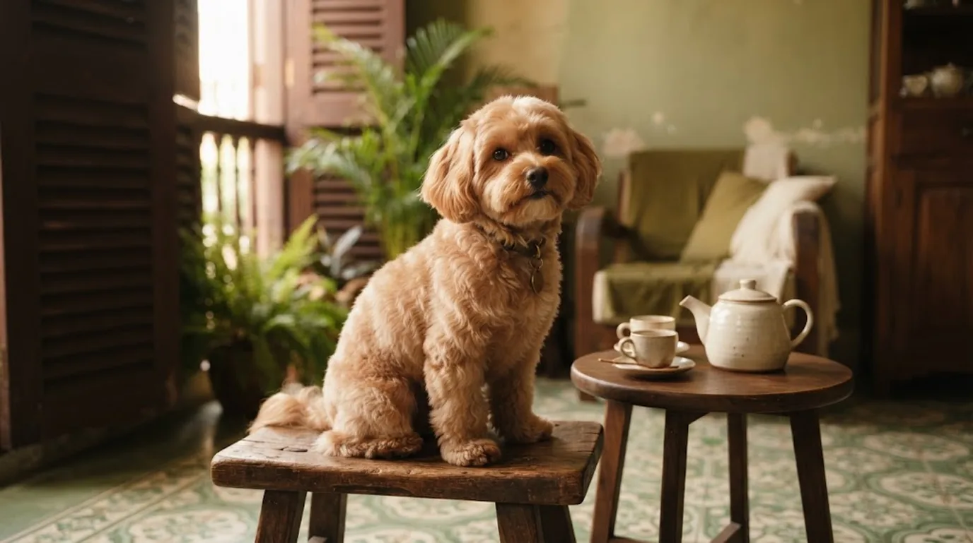 Apricot Maltipoo sitting on a wooden stool beside a ceramic tea set in a heritage-tiled Singapore home