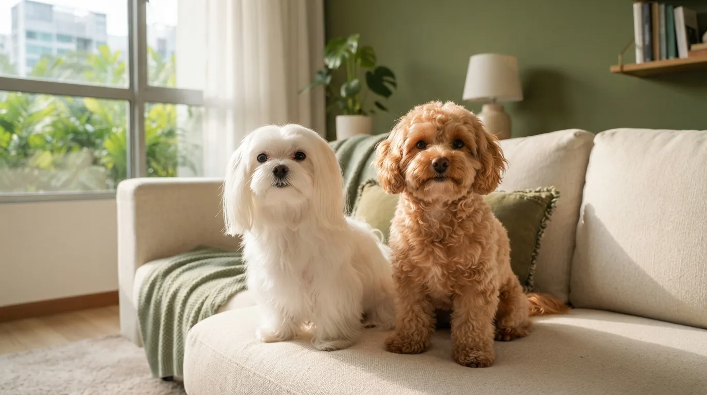 Maltipoo and Maltese side by side
