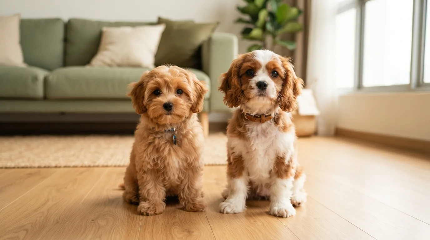 Apricot Maltipoo and blenheim Cavapoo puppy sitting side by side on a light wooden floor