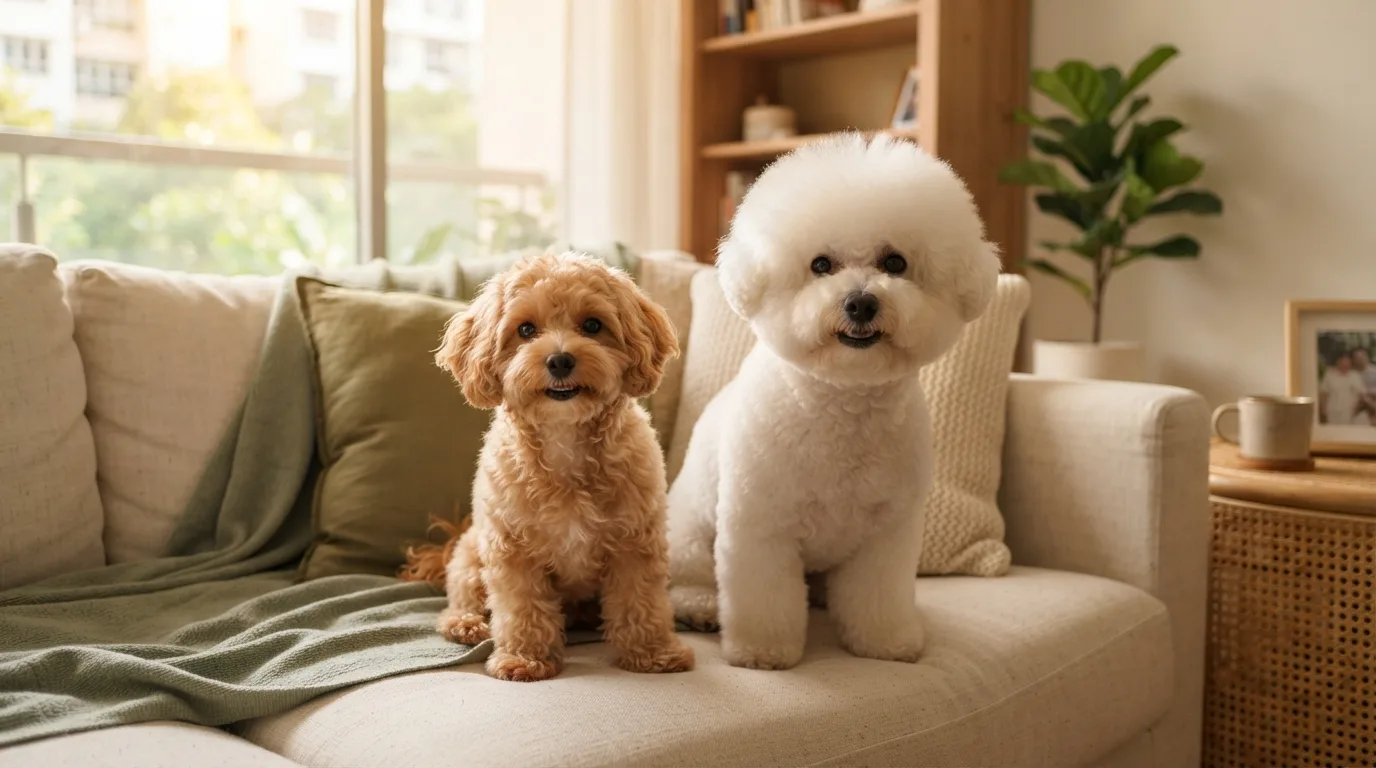 Maltipoo and Bichon Frise side by side